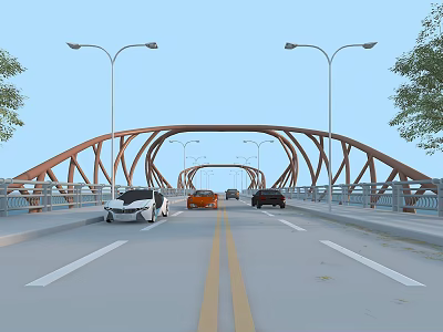 Modern Arched Bridge With Street Lamps Trees On Sides And Cars Driving Under Blue Sky 3d model