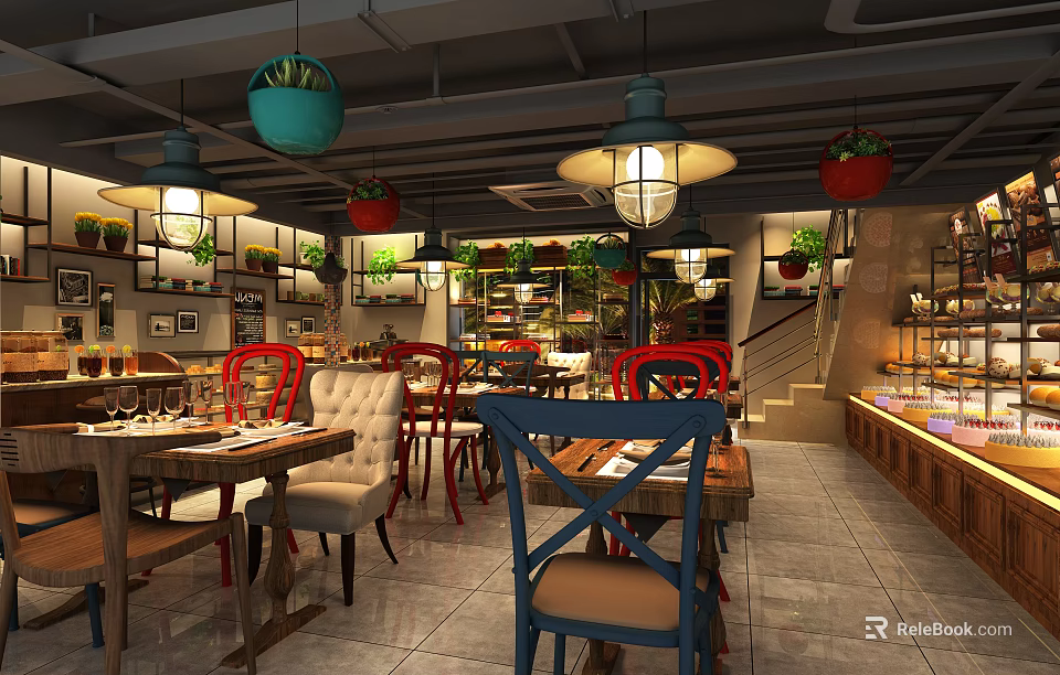 Cozy Dessert Shop Interior With Hanging Pendant Lights Potted Plants Wooden Tables And Display Cabinets 3d model 
