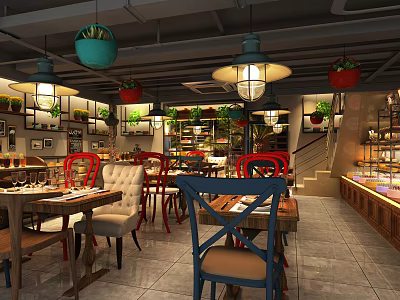 Cozy Dessert Shop Interior With Hanging Pendant Lights Potted Plants Wooden Tables And Display Cabinets 3d model