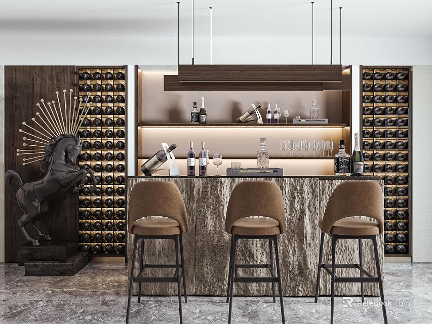Modern Bar Counter With Wine Racks Bar Stools And Decorative Pendant Lights 3d model 