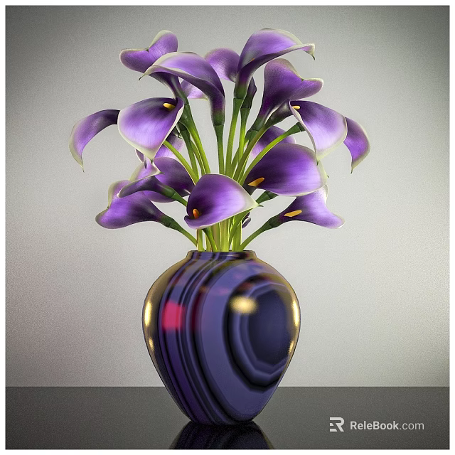 Purple Calla Lilies In Shiny Round Dark Vase For Home Decoration 3d model 