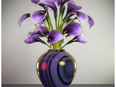 Purple Calla Lilies In Shiny Round Dark Vase For Home Decoration 3d model