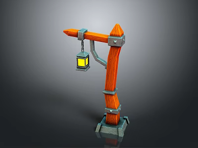 3D Model of Wooden Street Lamp With Orange Pole Metal Brackets and Yellow Lantern 3d model