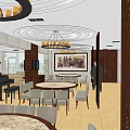 Elegant Restaurant Interior With Round Tables Wooden Chairs Chandeliers Piano TV and Decorative Painting