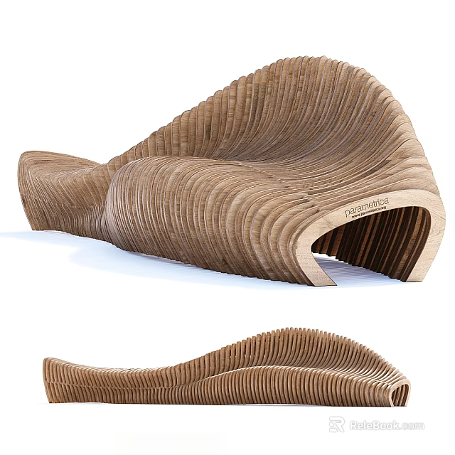 Modern Public Chair With Wavy Wooden Structure And Curved Design For Public Areas 3d model 