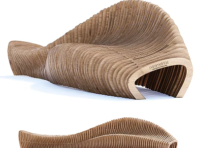 Modern Public Chair With Wavy Wooden Structure And Curved Design For Public Areas 3d model