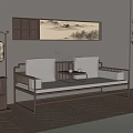 Traditional Chinese Arhat Bed With Wooden Frame Tea Table And Landscape Painting