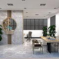Modern Office Interior Design With Open Bookshelves Green Plant Desk Computer And Marble Floor
