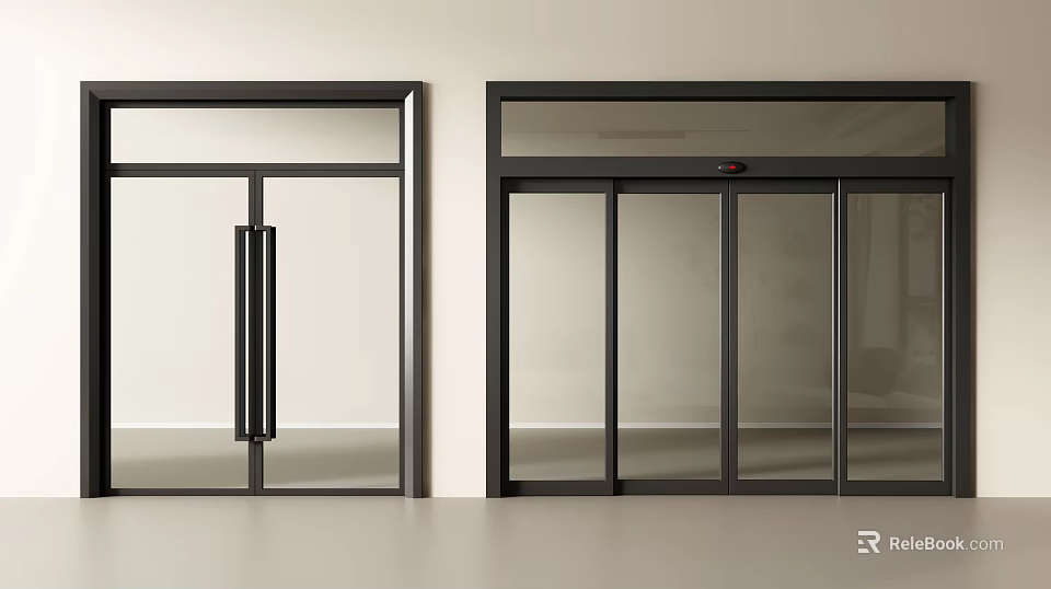 Modern Double Glass Doors With Sliding Design Black Frames And Handles 3d model 