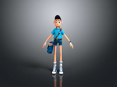 3D Animated Man in Blue Outfit Backpack Shorts Sneakers Standing on Gray Background 3d model