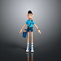 3D Animated Man in Blue Outfit Backpack Shorts Sneakers Standing on Gray Background