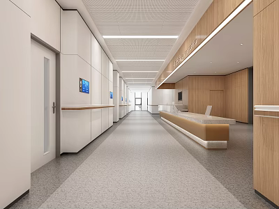 Modern Hospital Outpatient Clinic Corridor With White Walls Wooden Decorations Reception Desk Display Screens Lighting 3d model