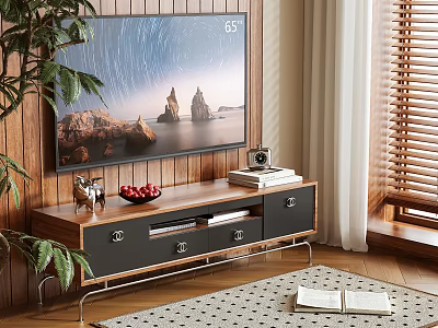 Modern Wooden TV Stand With TV Drawers And Decorative Items In Living Room With Plant 3d model