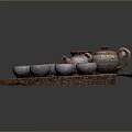 Ceramic Tea Set with Teapot and Teacups on Wooden Tray Wood Grain Design