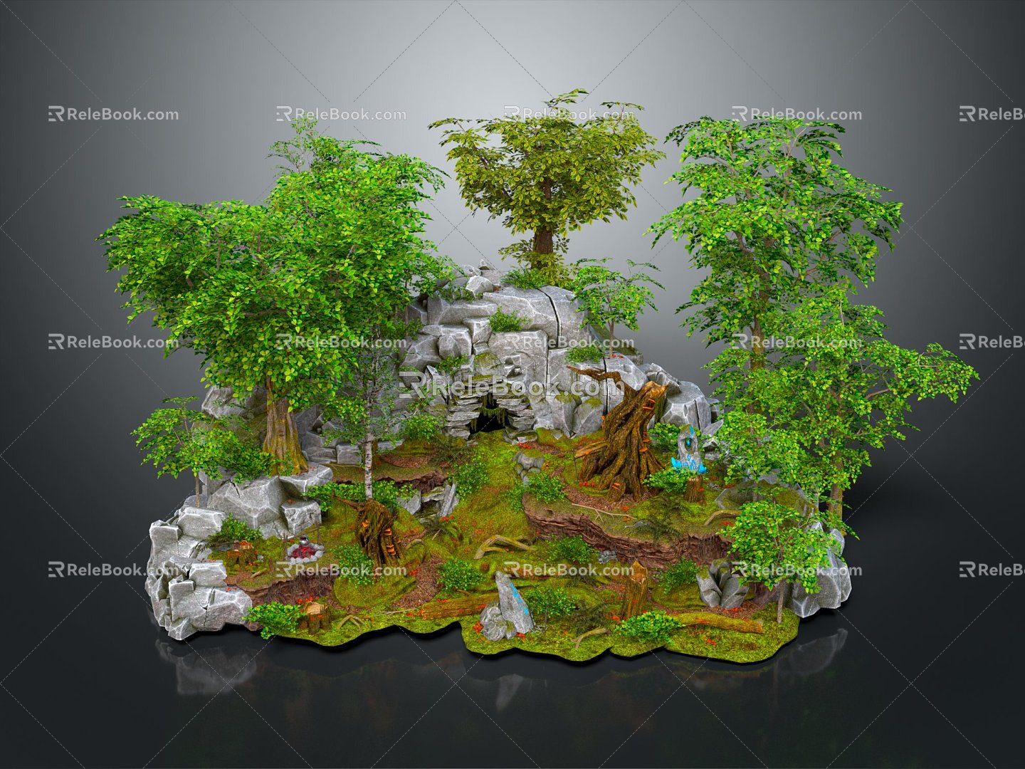 Modern Cartoon Scene Grotto Cave Forest Rocks 3d model