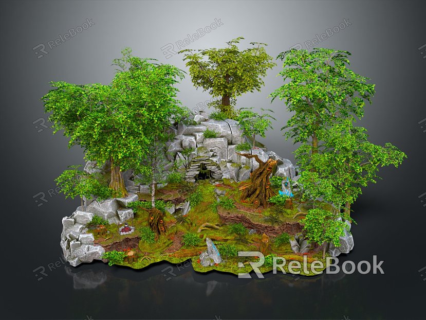 Modern Cartoon Scene Grotto Cave Forest Rocks model