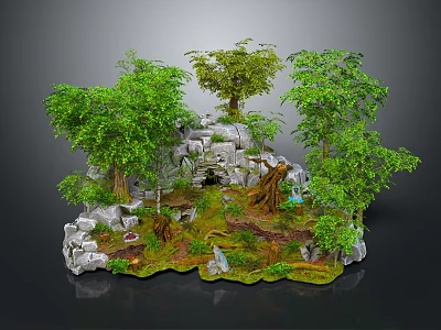 Cartoon Natural Forest Scene With Green Trees Rocks Stream And Mossy Ground 3d model