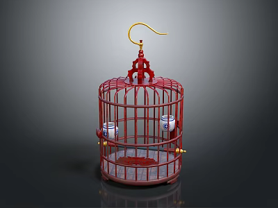 Decorative Ornament Set with Red Birdcage White Birds and Golden Details 3d model
