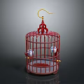 Decorative Ornament Set with Red Birdcage White Birds and Golden Details