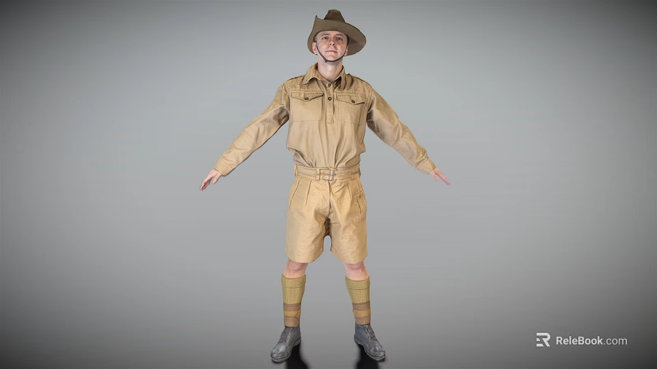 Man Standing In Brown Expedition Outfit With Hat Shorts Knee High Socks And Arms Outstretched 3d model 