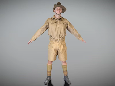 Man Standing In Brown Expedition Outfit With Hat Shorts Knee High Socks And Arms Outstretched 3d model