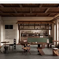 Café with Wooden Ceiling Open Bar Counter Green Tile Backsplash Wooden Furniture and Menu Board