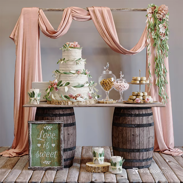 Wedding Dessert Table Featuring Three Tier Cake Pink Drapes Green Vines Wooden Barrels and Candies 3d model 