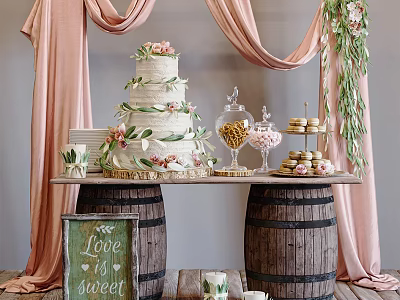 Wedding Dessert Table Featuring Three Tier Cake Pink Drapes Green Vines Wooden Barrels and Candies 3d model