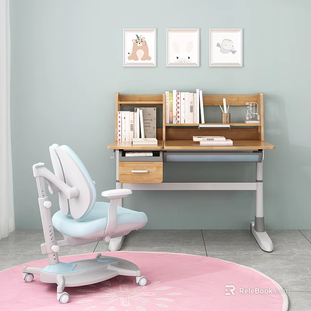 Modern Kids Desk With Bookshelf Chair Pink Rug And Wall Art 3d model 