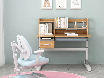 Modern Kids Desk With Bookshelf Chair Pink Rug And Wall Art 3d model