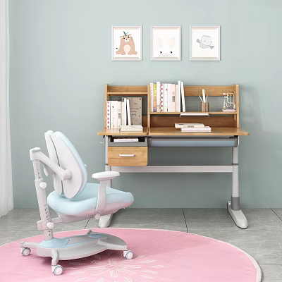 Modern Kids Desk With Bookshelf Chair Pink Rug And Wall Art 3d model