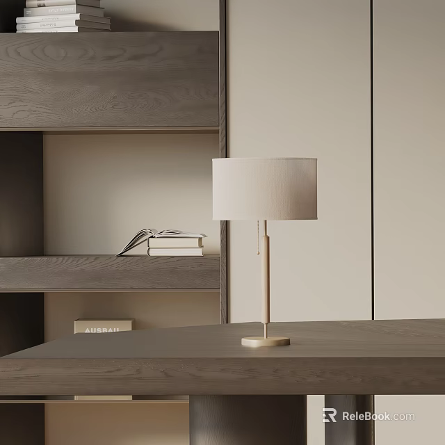 Modern Minimalist Table Lamp With Wooden Base And Linen Shade On Desk Near Bookshelf 3d model 