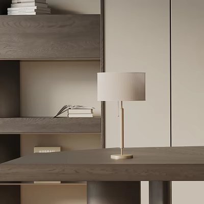 Modern Minimalist Table Lamp With Wooden Base And Linen Shade On Desk Near Bookshelf 3d model