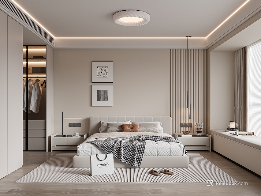 Modern Bedroom Interior With Platform Bed Built-in Wardrobe Area Rug And Ceiling Light 3d model 