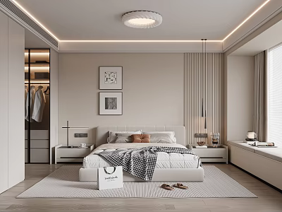 Bedroom Double Bed Wardrobe Bedside Cabinet Chandelier Ceiling Lamp Carpet Hanging Painting Jewelry Ornaments 3d model