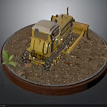 Vintage Bulldozer Model Displayed On Circular Wooden Base With Dirt Gravel And Fern Plant