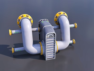 Industrial Piping System With White Pipes Yellow Connectors And Grey Control Unit 3d model