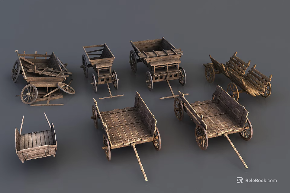 Vintage Wooden Carts With Various Designs And Old Style Wooden Wheels 3d model 