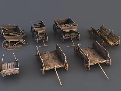 Vintage Wooden Carts With Various Designs And Old Style Wooden Wheels 3d model