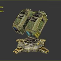 Sci Fi Mechanical Device With Green Yellow Exterior Blue Lights And Circular Base