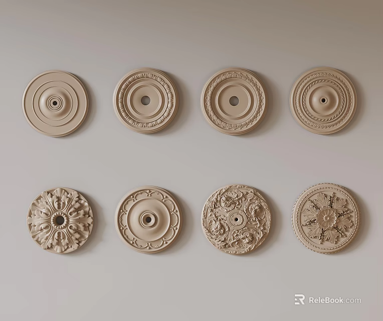 Cream Colored Decorative Ceiling Medallions With Various Intricate Patterns And Simple Designs 3d model