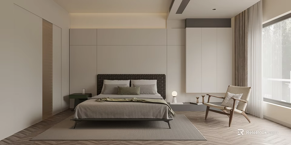 Minimalist Modern Bedroom Interior With Large Bed Bedside Table Armchair And Wardrobe Rug 3d model 