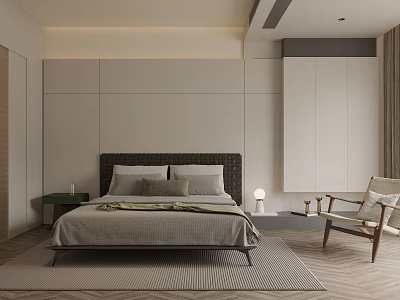 Minimalist Modern Bedroom Interior With Large Bed Bedside Table Armchair And Wardrobe Rug 3d model
