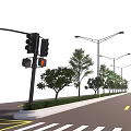 Municipal Road With Traffic Lights Street Lamps Trees Zebra Crossing And Yellow Lane Lines