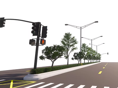 Municipal Road With Traffic Lights Street Lamps Trees Zebra Crossing And Yellow Lane Lines 3d model