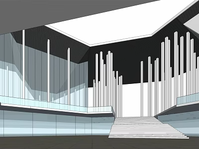 Modern Commercial Complex Interior With Glass Curtain Wall Vertical Columns And Skylight 3d model