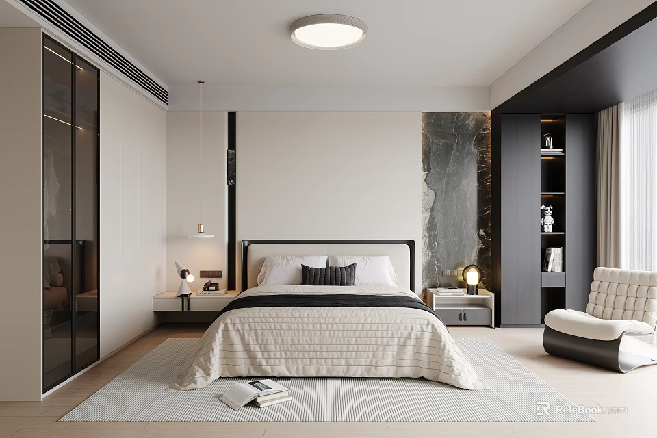 Modern Bedroom Interior Design With Bed Bedside Tables Lamps Marble Accent Wall Wardrobe And Armchair 3d model 