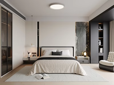 Modern Bedroom Interior Design With Bed Bedside Tables Lamps Marble Accent Wall Wardrobe And Armchair 3d model