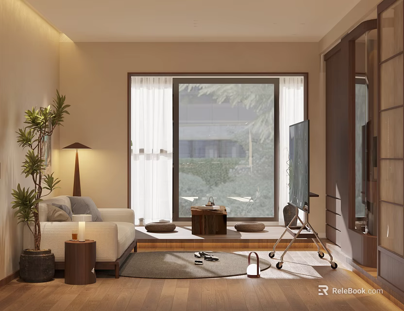 Modern Minimalist Living Dining Room With Sofa Coffee Table TV Large Window And Wooden Floor 3d model 