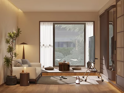 Modern Minimalist Living Dining Room With Sofa Coffee Table TV Large Window And Wooden Floor 3d model